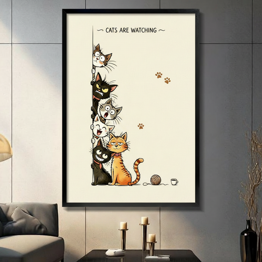 Funny cartoon line art poster with the text cats are watching at the top featuring six cats with distinct personalities stacked and peeking around a vertical left edge a surprised gray tabby cat at the top followed by a menacing black cat with glowing green eyes a wide-eyed gray cat a cheerful smiling white cat a lazy half-lidded orange tabby cat sitting in the foreground and a creepy grinning black cat at the bottom with three brown paw prints on the right and a yarn ball and tiny coffee cup at the lower r