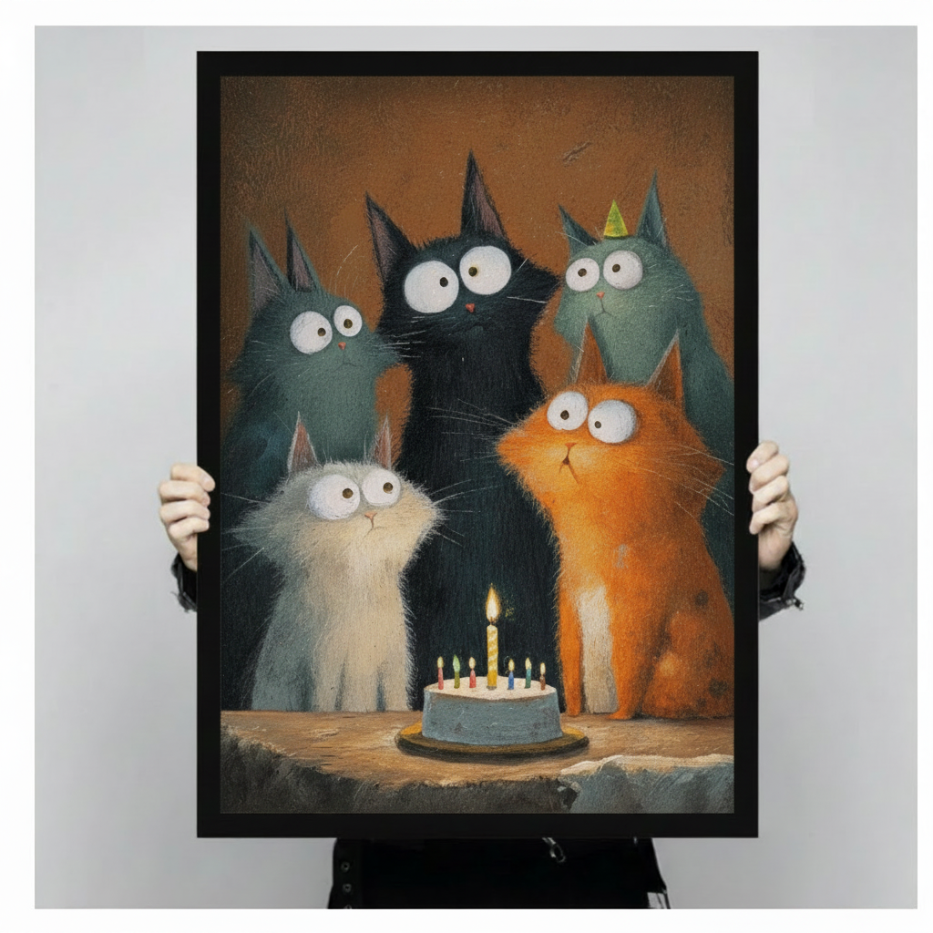 Framed whimsical cat party art print – five big-eyed cats staring at birthday cake with candles – funny cat lover gift wall decor in black frame