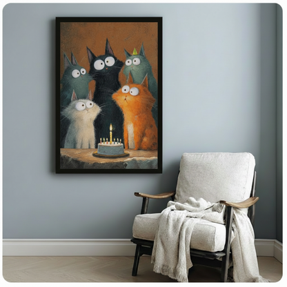 Black framed funny cats birthday cake wall art print – five whimsical big-eyed cats gathered around a candle cake – cute pet illustration poster for living room reading nook decor