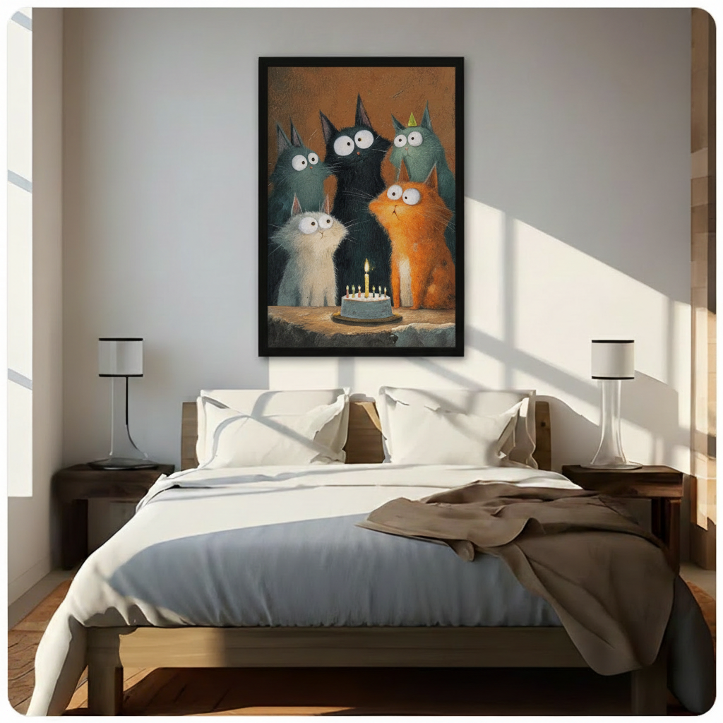 Funny cats birthday cake framed art print above bed – cute whimsical cat party illustration with glowing candles – charming pet wall decor for bedroom