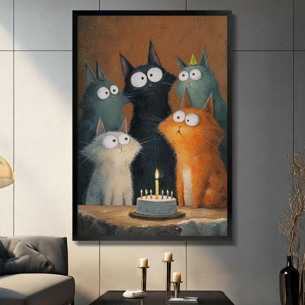 Black float-framed canvas cat party wall art – five whimsical cats gathered around birthday cake with candles – funny pet lover canvas print for contemporary living room decor