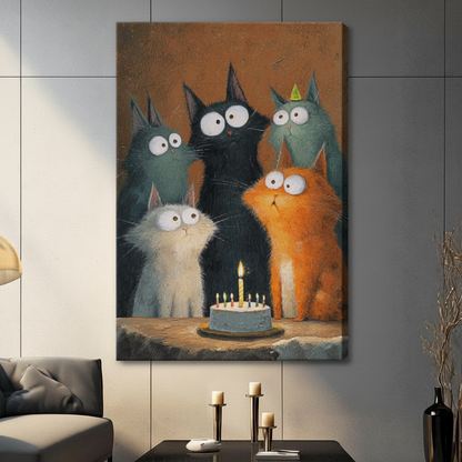 Whimsical cats birthday cake canvas wall art – unframed canvas wrap with five funny big-eyed cats and colorful candles – large cute cat illustration print for modern home decor