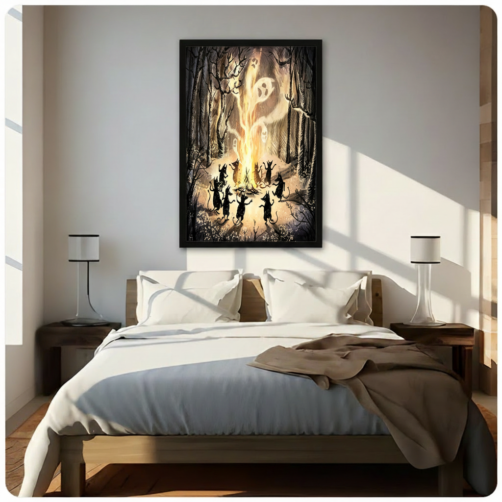 Black framed dramatic gothic Halloween illustration of nine dancing black cat silhouettes surrounding a blazing bonfire with ethereal white ghost faces emerging from the fire in a dark enchanted forest with twisted bare branches and scattered wildflowers dark fantasy canvas wall art on warm golden brown background hung in bright diagonal sunlight above a wood-frame bed with white linen bedding
