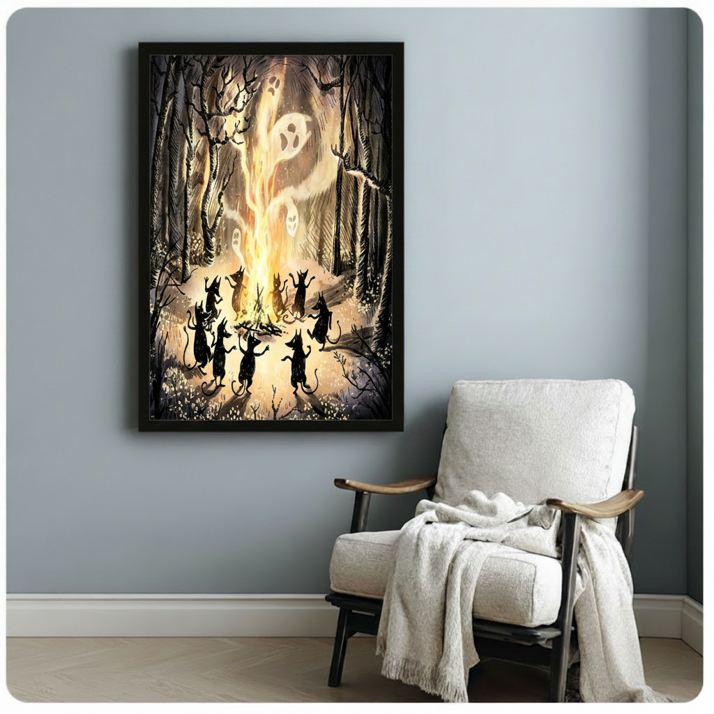 Black framed atmospheric gothic Halloween canvas print of nine dancing black cat silhouettes encircling a bright bonfire with glowing ghost spirits rising from the fire through a dark enchanted forest of twisted branches and tiny white flowers dark fantasy illustration on warm amber and sepia toned background hung on a soft blue-gray wall beside a white upholstered wood chair with cream throw