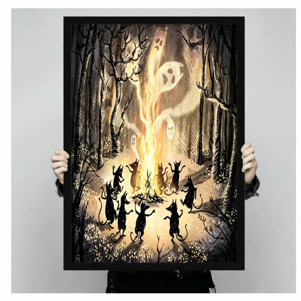 Two hands holding a large black framed gothic dark fantasy Halloween illustration of nine black cat silhouettes dancing around a roaring bonfire with glowing white ghost faces rising from the flames in a misty enchanted forest with bare branches and wildflowers warm amber toned canvas art print, front-facing vertical product size display