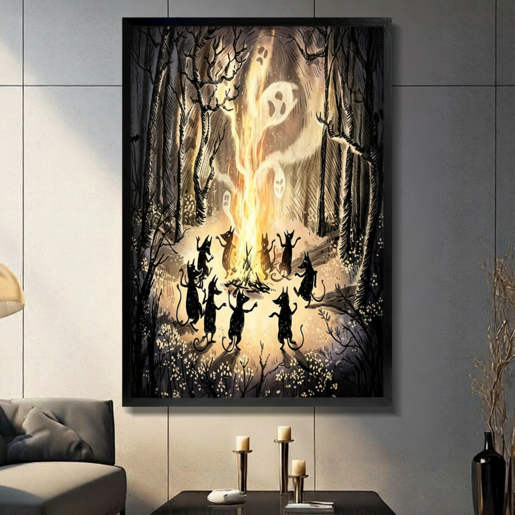 Black framed gothic dark fantasy Halloween illustration of nine black cat silhouettes dancing upright around a roaring bonfire with glowing ghost faces rising from the flames in a misty forest of bare branches and wildflowers canvas wall art on warm amber brown background displayed in a modern gray living room with dark sofa black coffee table and metal candlesticks