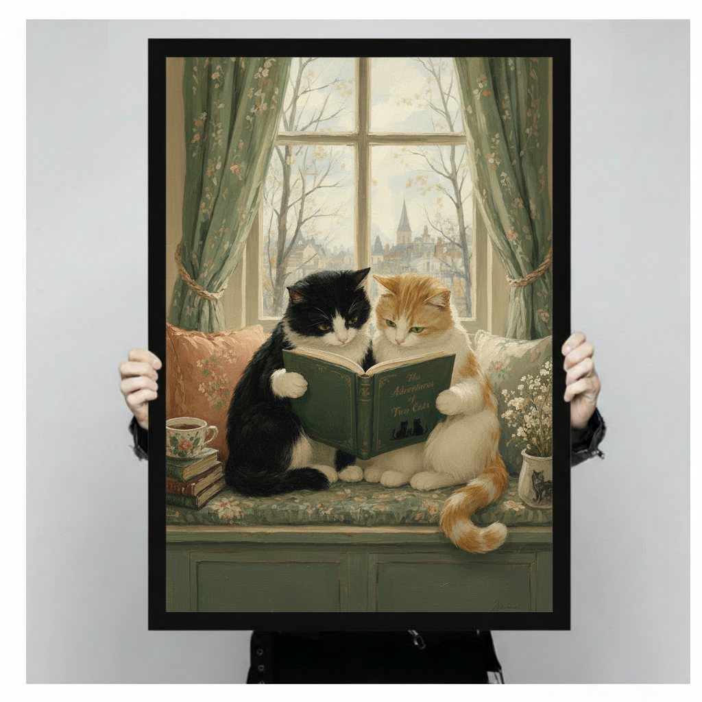 Person holding framed canvas showing two cats reading a book on a window bench, tuxedo cat and orange cat oil painting size reference