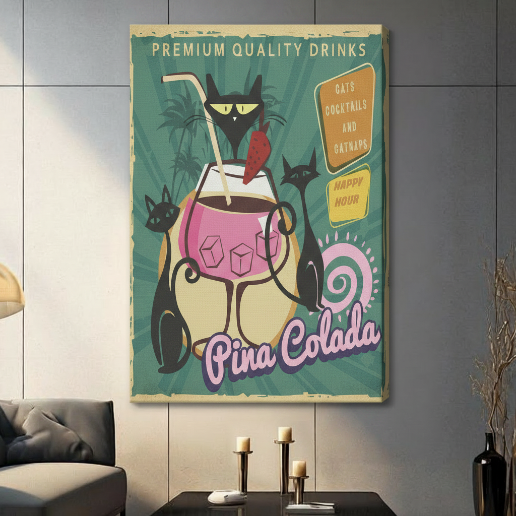 Stretched canvas gallery wrap of a vintage-style Pina Colada poster with black cats and tropical palm trees, hung in a contemporary living room without a frame