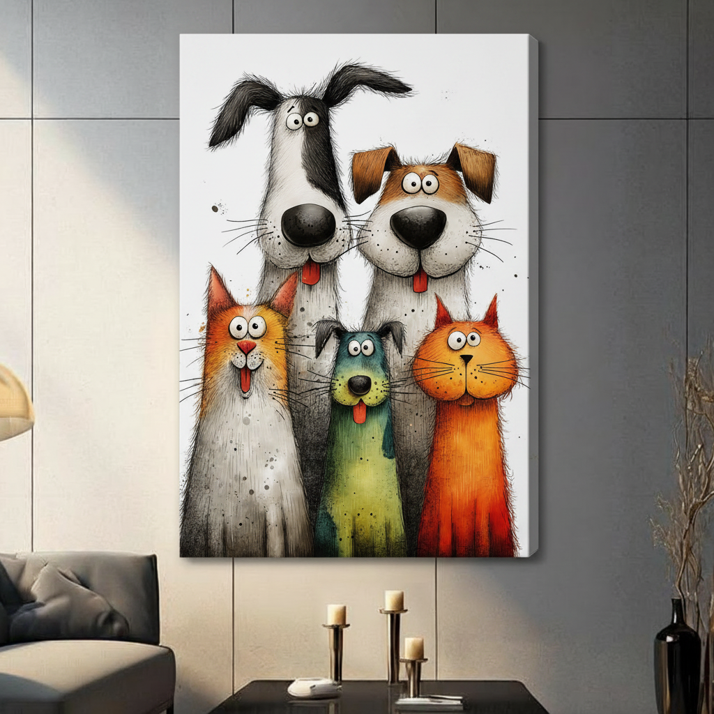 Stretched canvas whimsical cartoon cats and dogs squad group portrait wall art featuring two tall lanky goofy dogs with big black noses and floppy ears flanked by a fluffy white-gray cat a small teal-green dog with tongue out and a vibrant orange-red cat all with wide googly eyes and cheerful open expressions in expressive loose ink and watercolor style on a white background, hung on a gray panel wall above a dark gray sofa