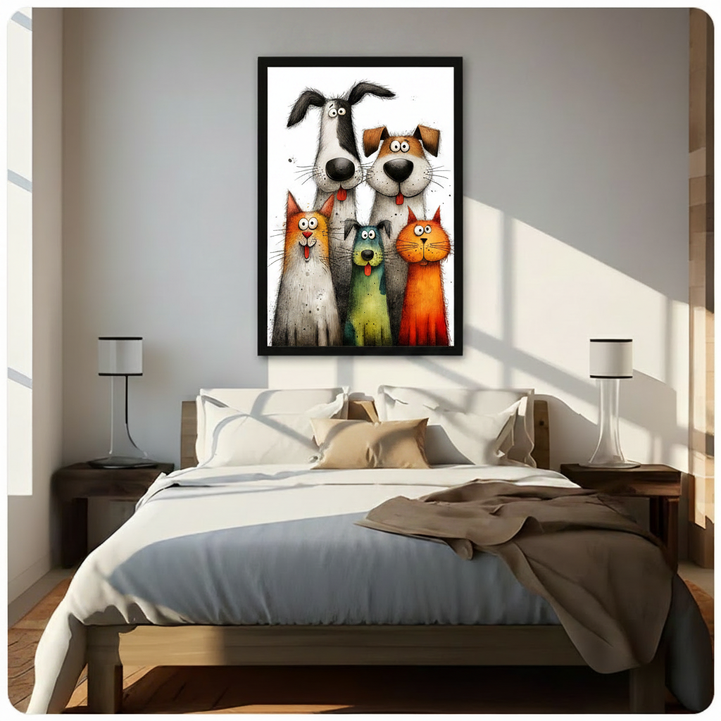Black framed whimsical cartoon cats and dogs squad group portrait canvas art with two tall goofy dogs with oversized black noses and floppy ears above a fluffy white-gray cat with orange patches a small teal-green dog with a dangling tongue and a bold orange-red cat all with wide googly eyes and expressive open mouths in loose ink and watercolor style on a white background, hung above a dark wood bed with white linen bedding in a sunlit bedroom