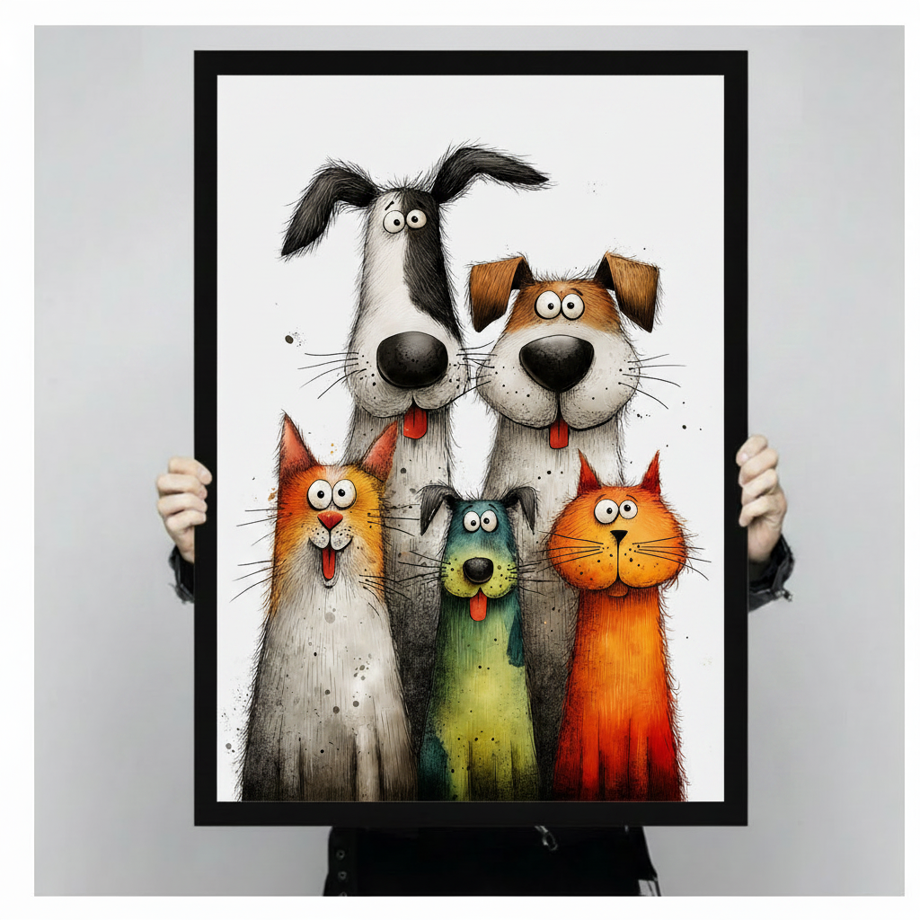 Hands holding a large black framed whimsical cartoon cats and dogs squad group portrait canvas art print with two tall lanky goofy dogs with big black noses and floppy ears towering above a fluffy white-gray cat a small teal-green dog with tongue out and a vibrant orange-red cat all with wide googly eyes and cheerful open expressions in loose expressive ink and watercolor style on a white background