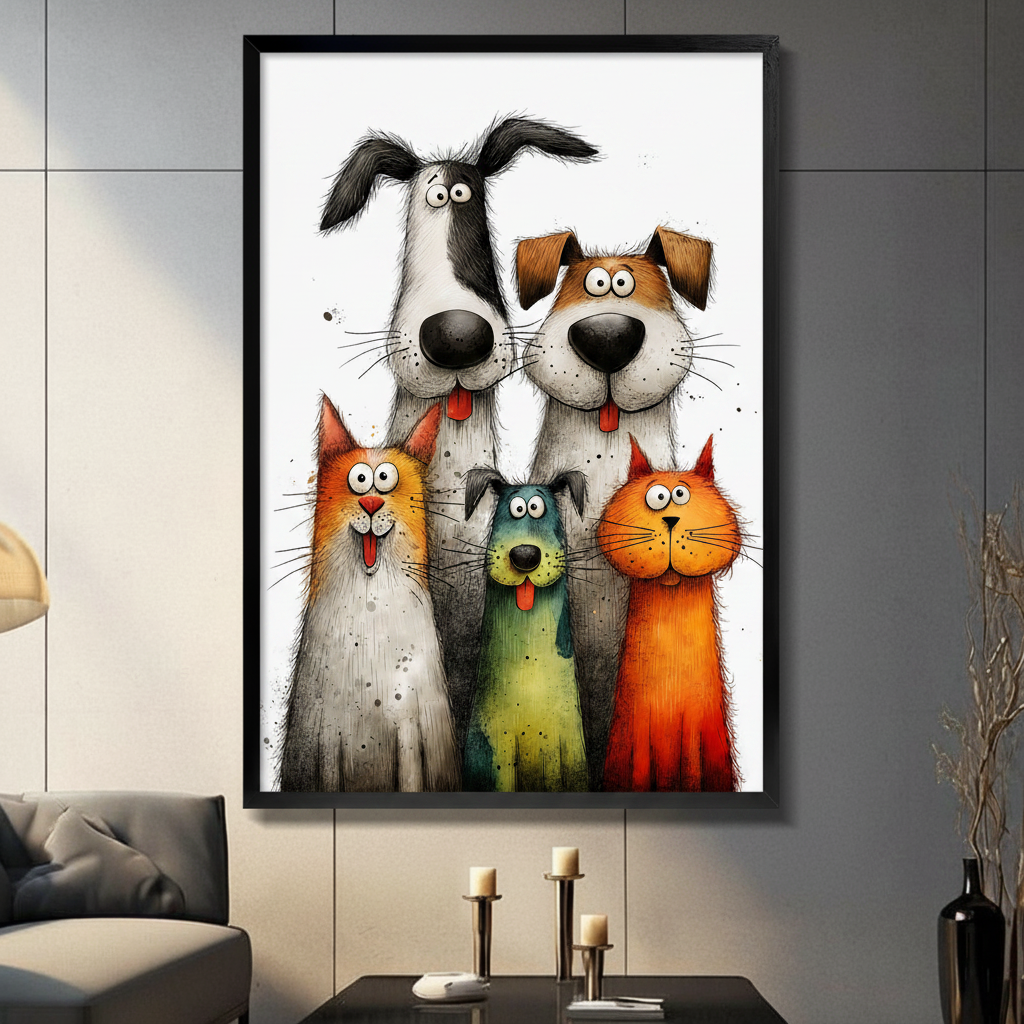 Black framed whimsical cartoon cats and dogs squad group portrait canvas art with two tall goofy dogs with oversized black noses and floppy ears towering above a fluffy white-gray cat with orange patches a small teal-green dog with a dangling tongue and a bold orange-red cat all with wide googly eyes and expressive open mouths in loose ink and watercolor style on a white background, hung on a gray panel wall above a dark gray sofa