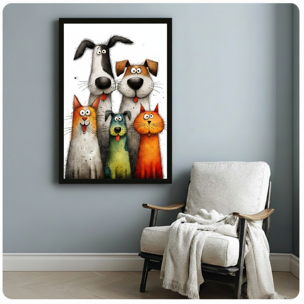 Black framed whimsical cartoon cats and dogs squad group portrait canvas art showing two tall goofy dogs with oversized black noses and floppy ears above a fluffy white-gray cat with orange patches a small teal-green dog with a lolling tongue and a bold orange-red cat all with wide googly eyes and open mouths in loose expressive ink and watercolor style on a white background, displayed beside a white linen wood-frame folding chair with a cream throw
