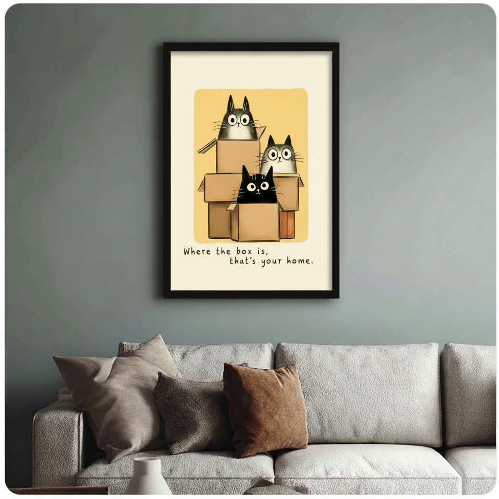 Framed cartoon cat box print hung above sofa on sage green wall – whimsical cat home décor with quote