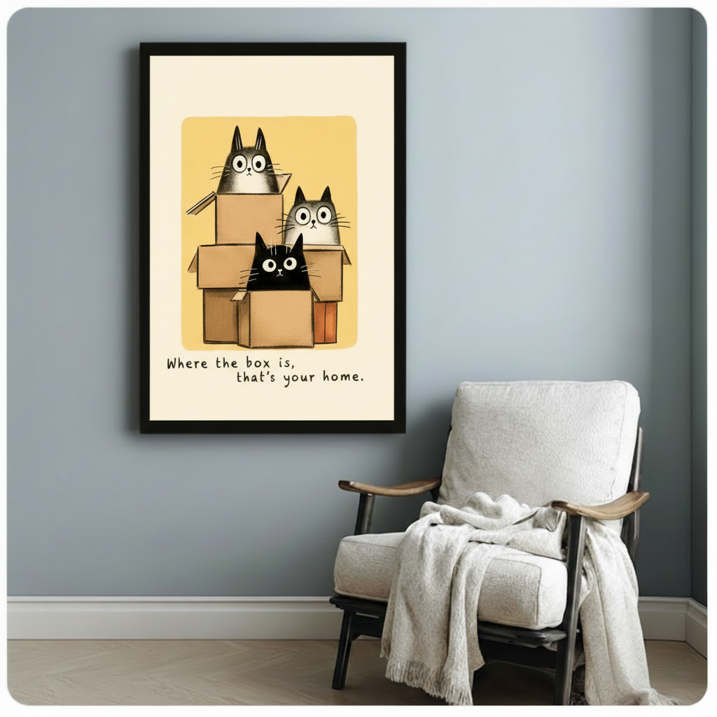 Black framed cats in cardboard boxes art print beside linen accent chair – funny cat quote wall art
