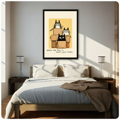 Cartoon cats in boxes framed print above bed in minimalist bedroom – cute cat lover wall décor with yellow background