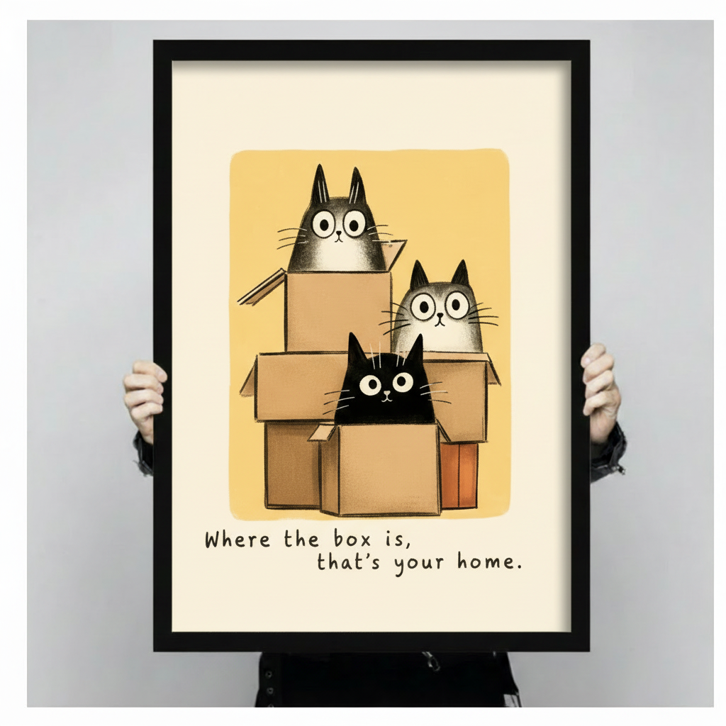 Hand-held black framed poster of three cats in boxes – "Where the box is, that's your home" – cat art size preview
