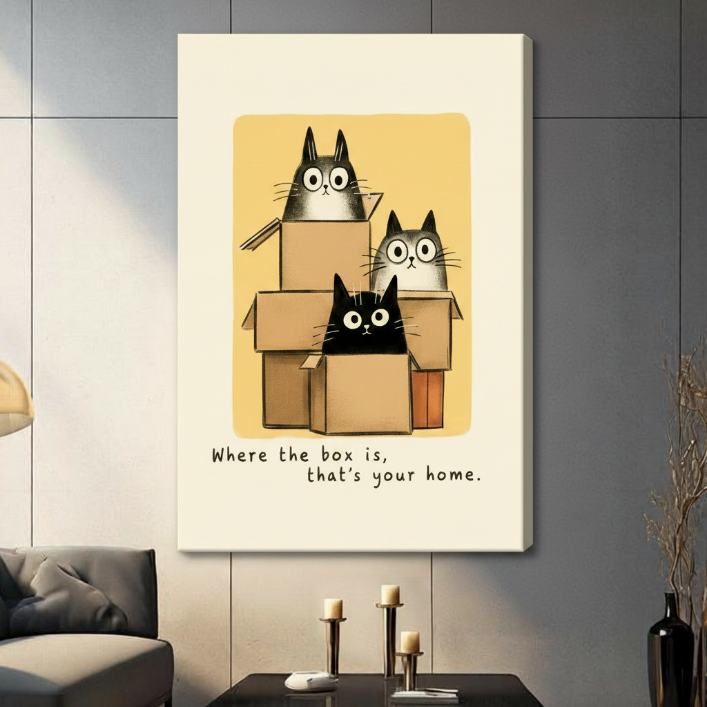 Cute cats in boxes canvas wrap print on cream background – frameless cat lover wall art with humorous quote