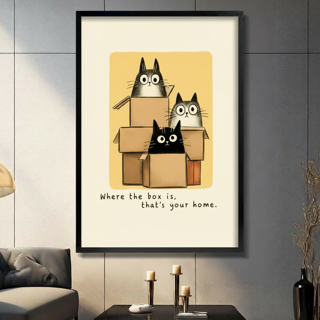 Three cartoon cats in cardboard boxes framed wall art – "Where the box is, that's your home" – funny cat print for living room