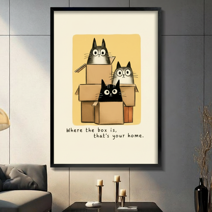 Three cartoon cats in cardboard boxes framed wall art – "Where the box is, that's your home" – funny cat print for living room