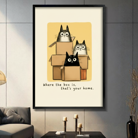Three cartoon cats in cardboard boxes framed wall art – "Where the box is, that's your home" – funny cat print for living room