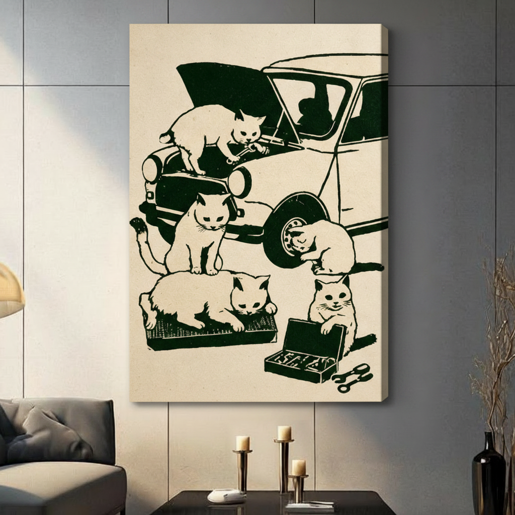 Gallery wrap stretched canvas of five white cats in a retro woodblock print style working together to repair a vintage car with one cat holding a wrench on the hood one checking the wheel one sprawled on a tool tray and one cheerfully guarding an open toolbox humorous cat illustration on aged cream background hung frameless on a gray tile wall above a dark sofa
