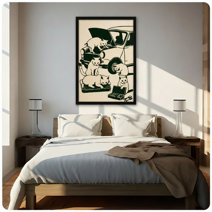 Black framed whimsical retro cat mechanic canvas wall art featuring five white cats in vintage woodblock print style repairing a classic car with wrenches a parts tray and an open toolbox on a warm aged cream background funny illustration hung in bright diagonal sunlight above a dark wood platform bed with white linen bedding and matching white bedside lamps