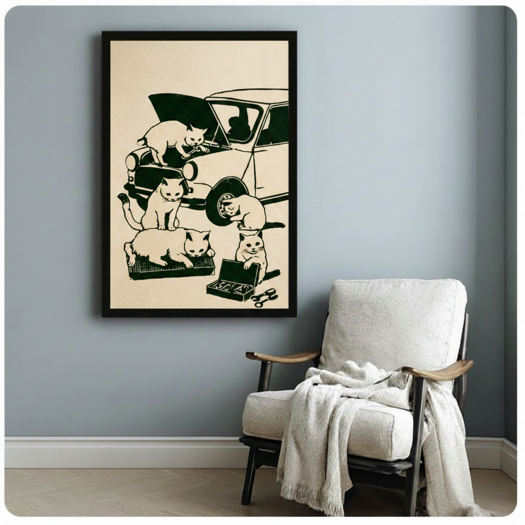Black framed charming retro cat mechanic illustration in vintage woodblock print style showing five white cats busily repairing a classic car with wrenches a tool tray and an open toolbox on a warm cream background funny whimsical cat canvas print hung on a soft blue-gray wall beside a white upholstered wood armchair with a cream knit throw