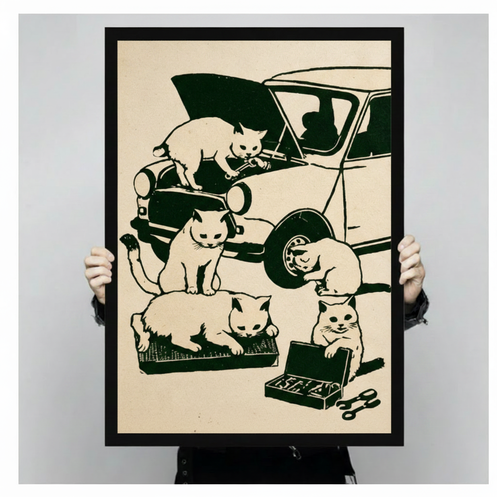 Two hands holding a large black framed retro vintage woodblock print of five white cats fixing a classic car with one on the hood holding a wrench one by the headlight one at the tire one on a parts tray and one smiling over an open toolbox funny cat mechanic canvas art print on warm cream background, front-facing vertical product size display