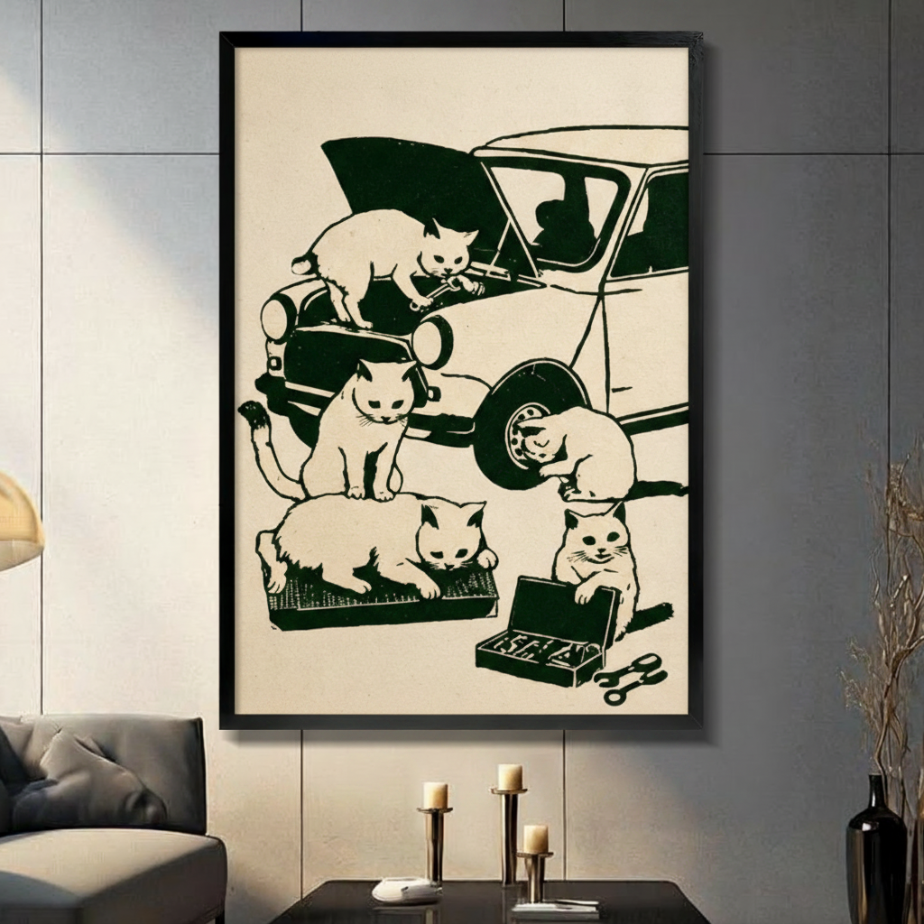 Black framed retro vintage woodblock print illustration of five white cats fixing a classic car one cat on the hood with a wrench one crouching by the headlight one inspecting the tire one lounging on a parts tray and one smiling over an open toolbox with wrenches on a warm cream background funny cat mechanic canvas wall art displayed in a modern gray living room with dark sofa and candlesticks

