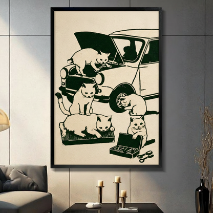 Black framed retro vintage woodblock print illustration of five white cats fixing a classic car one cat on the hood with a wrench one crouching by the headlight one inspecting the tire one lounging on a parts tray and one smiling over an open toolbox with wrenches on a warm cream background funny cat mechanic canvas wall art displayed in a modern gray living room with dark sofa and candlesticks

