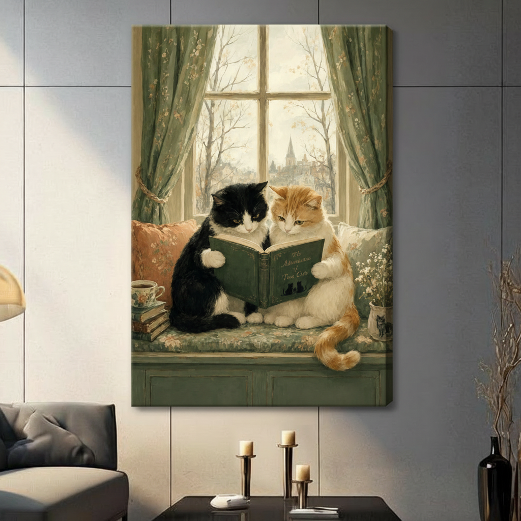Unframed gallery canvas print of two cats sharing a storybook on a window seat, styled in a cozy living room with neutral tones
