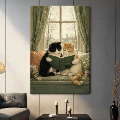 Unframed gallery canvas print of two cats sharing a storybook on a window seat, styled in a cozy living room with neutral tones
