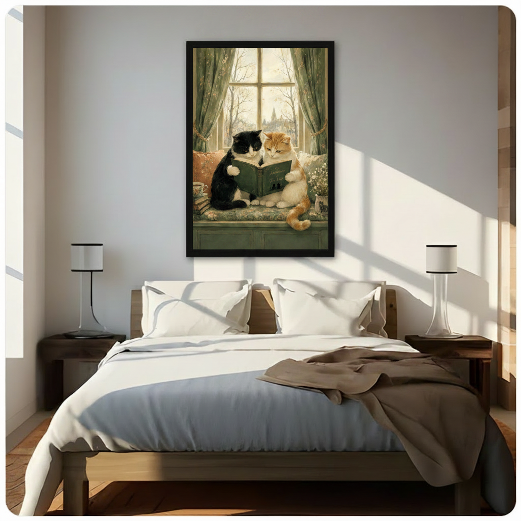Framed vintage illustration of two cats reading on a floral window seat, displayed as bedroom wall art above a wooden bed with white linen