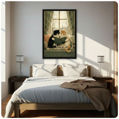 Framed vintage illustration of two cats reading on a floral window seat, displayed as bedroom wall art above a wooden bed with white linen
