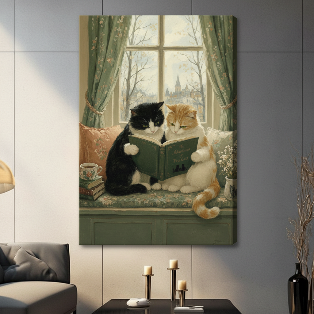 Frameless canvas print of black and orange cats sharing a book by a window with green curtains, cozy cottagecore oil painting wall decor