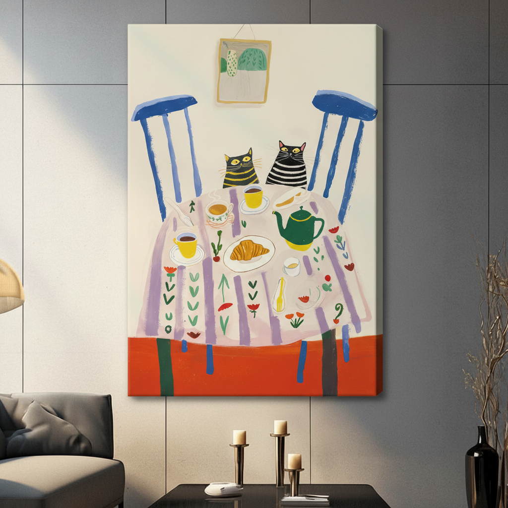 Gallery wrapped canvas of two black striped cats seated at a floral tablecloth tea party with blue chairs, a green teapot, and a croissant, unframed wall art on a dark grey tiled wall above a console table with candle holders in a contemporary living room