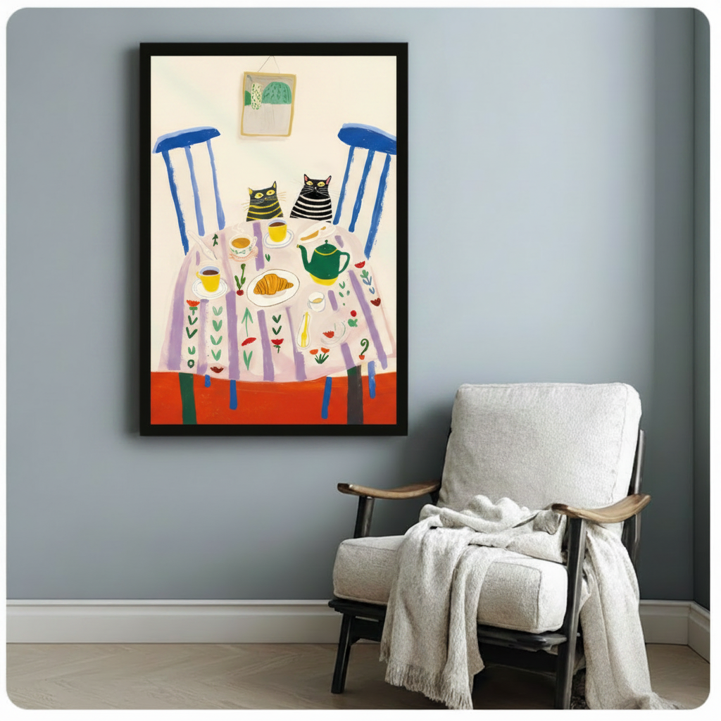 Black framed whimsical cats tea party illustration with blue chairs and a floral tablecloth hung on a blue-grey wall beside a wooden armchair draped with a white throw blanket, colourful animal wall decor for a cosy reading nook