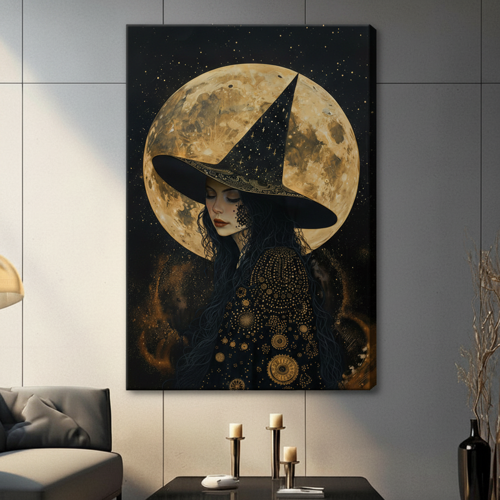 Atmospheric dark fantasy painting of a mysterious witch shown from the waist up with closed downward eyes and a peaceful introspective expression wearing a large wide-brimmed black witch hat with gold star and Celtic filigree decoration long flowing dark wavy hair and a richly detailed black cloak covered in dense golden celestial dot patterns astronomical sun circles and ornate gear wheel symbols with a large luminous golden full moon forming a glowing halo behind her and warm burnt amber flame wisps surro