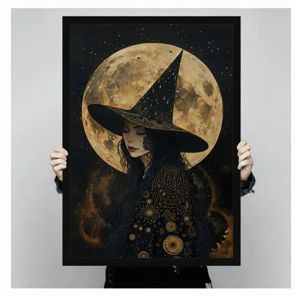 Bold dark fantasy art print of a serene mysterious witch in half-portrait composition with downcast eyes wearing a wide oversized pointed black witch hat with gold star and scroll filigree ornament long dark wavy hair a detailed black robe covered in fine golden star dot patterns sun wheel and gear mandala motifs set against a large glowing golden full moon with warm amber flame wisps around its edge and a deep black night sky with scattered gold star dust witch celestial moon dark gothic fantasy wall art f