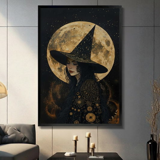 Dark fantasy illustration art print of a beautiful young witch in half-portrait with downcast eyes and a serene contemplative expression wearing a wide-brim black pointed witch hat adorned with delicate gold star and scroll filigree details her long wavy black hair falling loosely around her shoulders dressed in a black robe covered in intricate gold dot star patterns sun wheel and mandala gear motifs set against a massive golden full moon glowing behind her with warm amber fire wisps at its edges on a deep