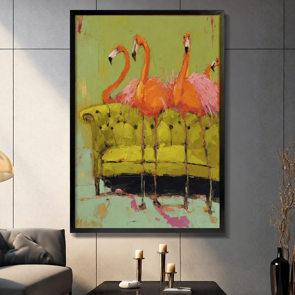 Framed flamingo canvas art above a sofa, showing pink and orange birds in front of a chartreuse couch.