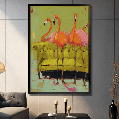Framed flamingo canvas art above a sofa, showing pink and orange birds in front of a chartreuse couch.
