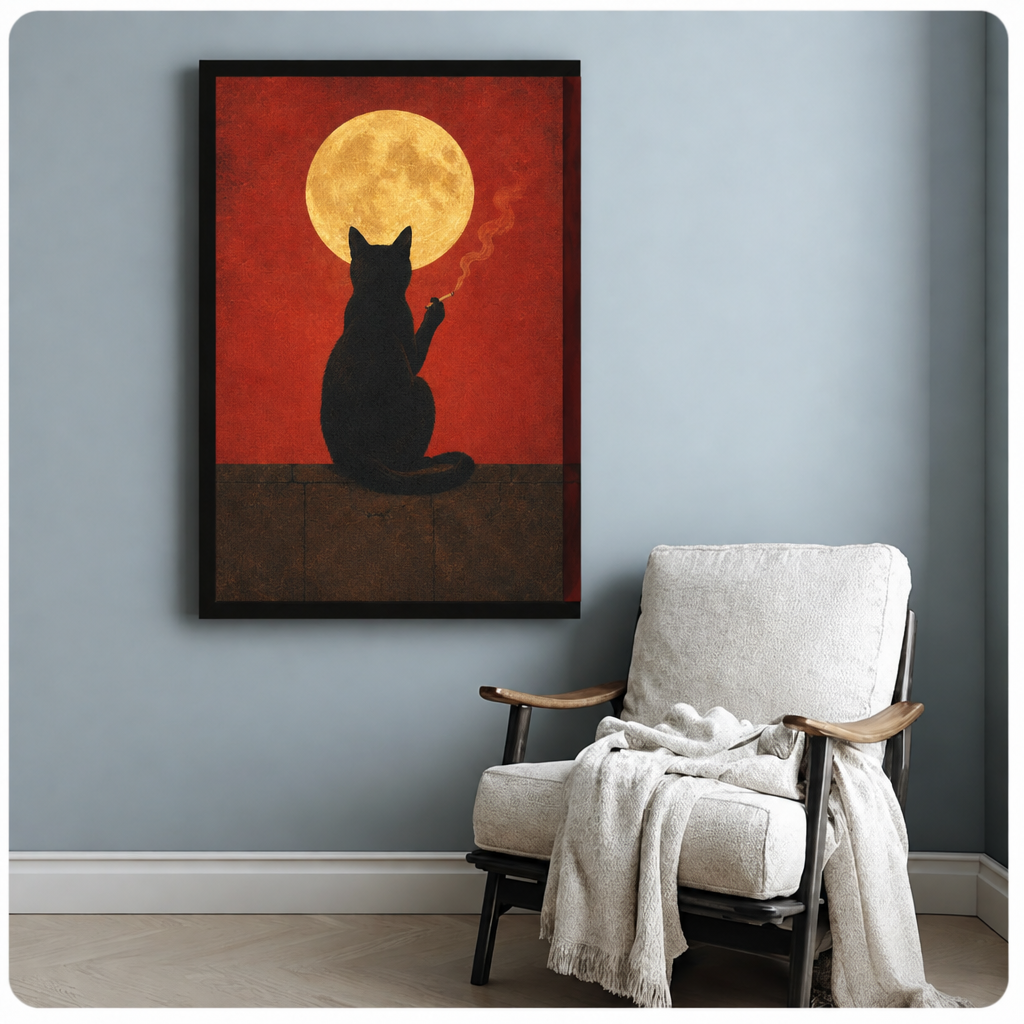 Black cat moon canvas art beside a white armchair, with the cat silhouetted against deep red.