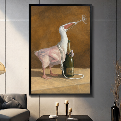 Funny champagne duck canvas wall art in a black frame above candles in a modern living room.