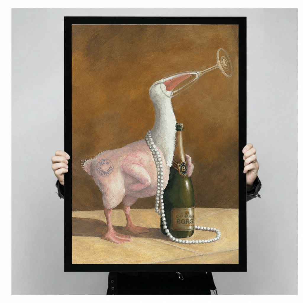 Hands holding framed wall art of a plucked duck wearing pearls and sipping from a champagne glass.