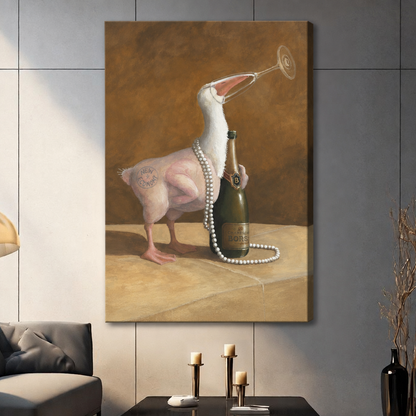 Frameless stretched canvas of a quirky pearl-wearing duck with a champagne bottle, hung in a gray living room.