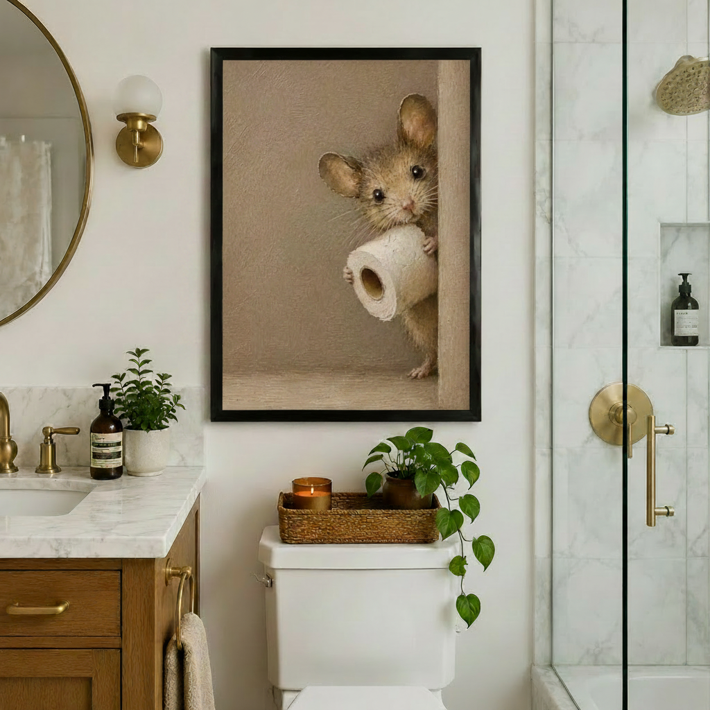 Black framed canvas print of a whimsical mouse stealing a toilet paper roll in oil-paint style, hung on a white bathroom wall above a toilet with a wicker tray, candle and trailing potted plant, gold fixtures and marble vanity