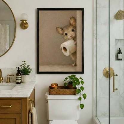 Black framed canvas print of a whimsical mouse stealing a toilet paper roll in oil-paint style, hung on a white bathroom wall above a toilet with a wicker tray, candle and trailing potted plant, gold fixtures and marble vanity