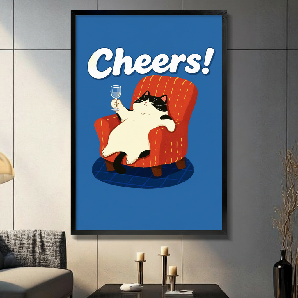 Framed retro-style wall art print of chubby tuxedo cat raising wine glass in red armchair with bold blue background and Cheers text, displayed in modern living room
